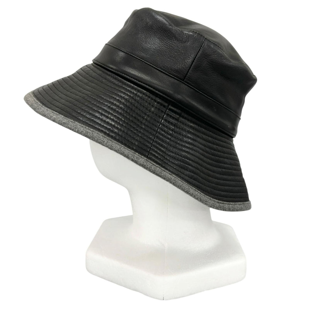 美品▲MOTSCH HERMES モッチ エルメス カーフスキン Leather 裏地カシミヤ100％ レザーバケットハット ブラック グレー 54 レディース
