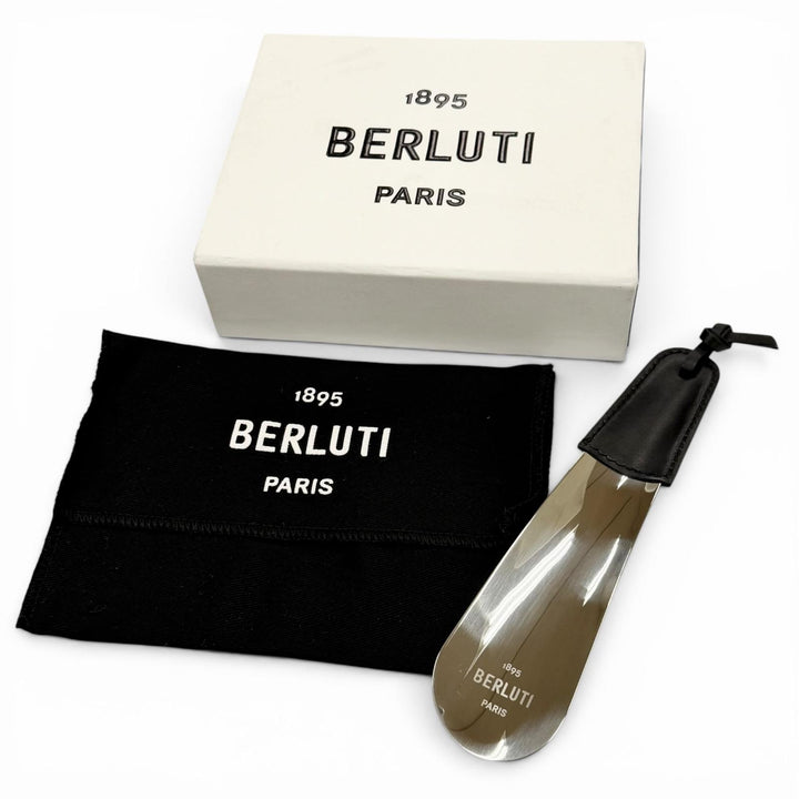 極美品▼BERLUTI ベルルッティ レザー使い シューホーン 靴ベラ シルバー ブラック フランス製 メンズ 箱・保存袋付き