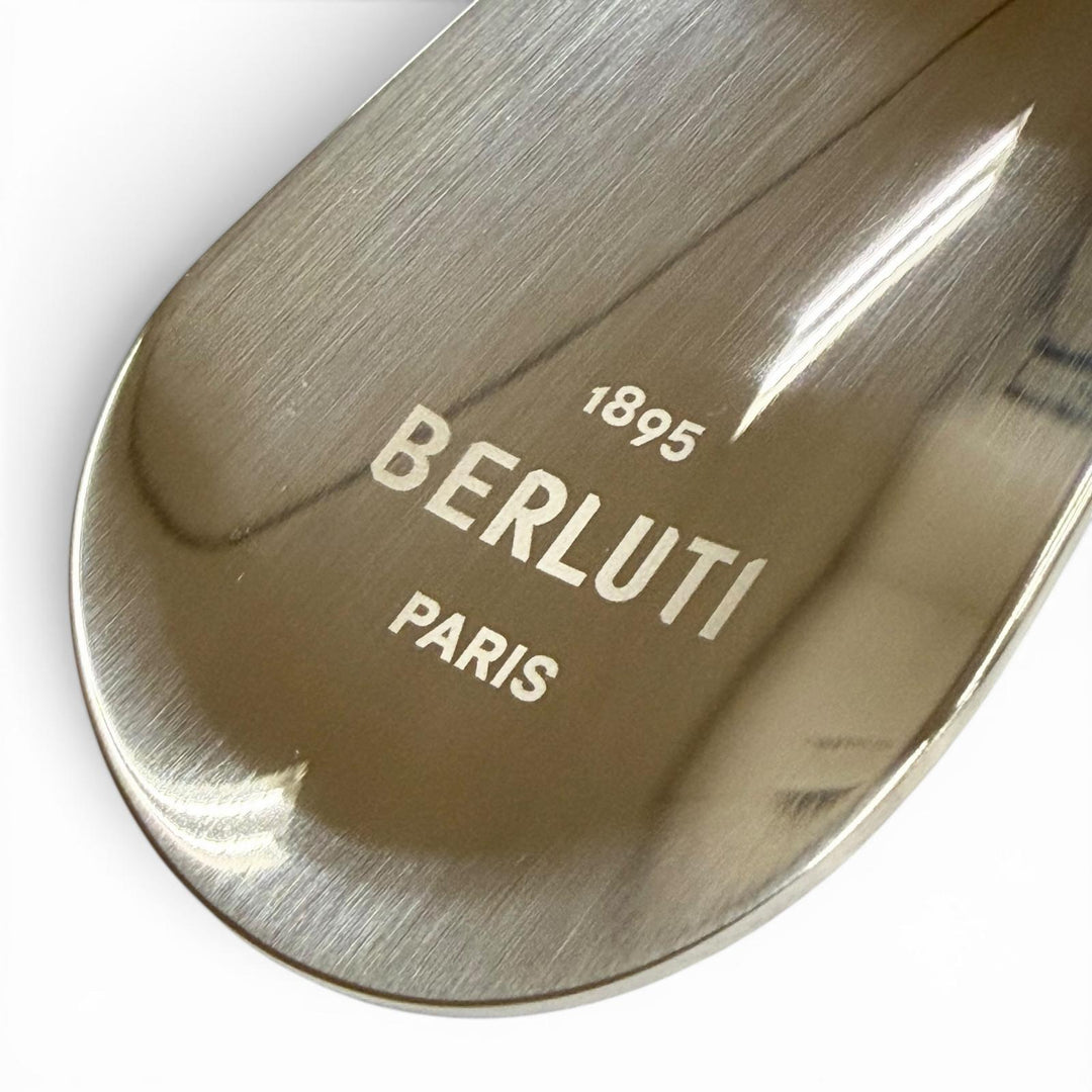 極美品▼BERLUTI ベルルッティ レザー使い シューホーン 靴ベラ シルバー ブラック フランス製 メンズ 箱・保存袋付き
