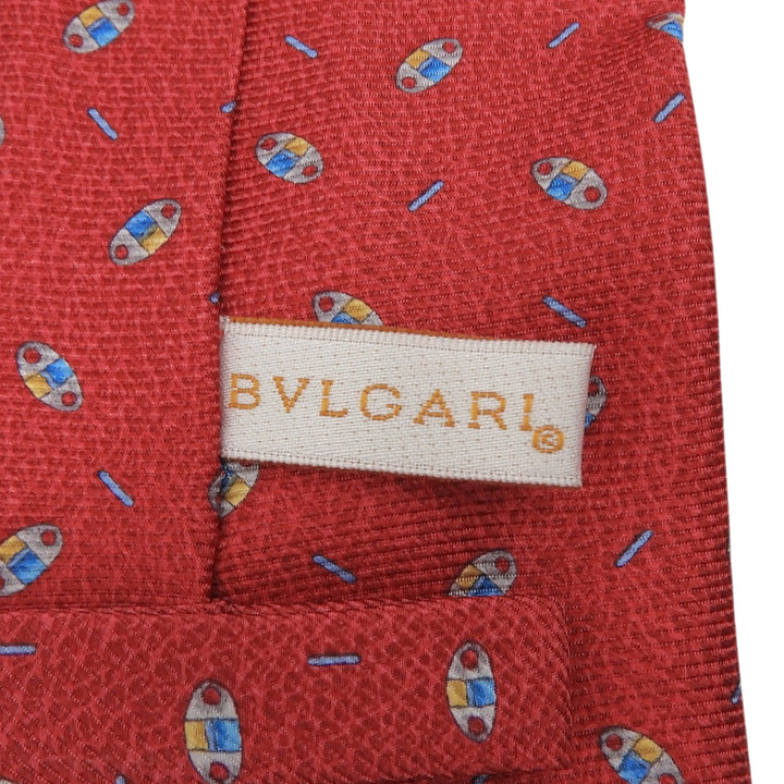 未使用品▲BVLGARI ブルガリ シルク100％ 総柄 セッテピエゲ ワイドタイ ネクタイ レッド マルチ イタリア製 メンズ