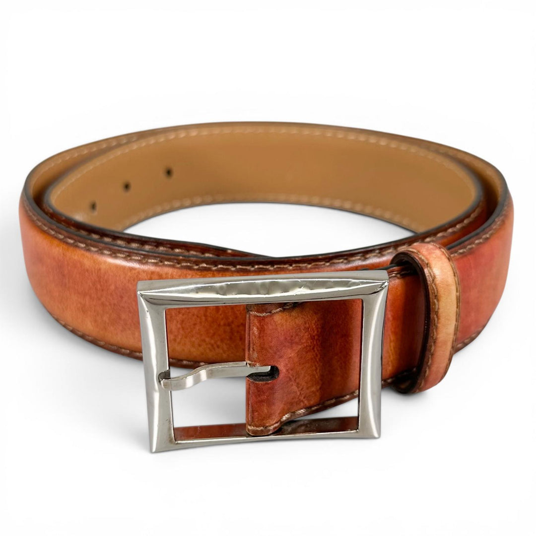 【ドンドン見直し】良品▲BERLUTI ベルルッティ パティーヌレザー ピンバックル ベルト ブラウン シルバー金具 85 34 イタリア製 メンズ