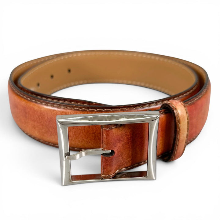 【ドンドン見直し】良品▲BERLUTI ベルルッティ パティーヌレザー ピンバックル ベルト ブラウン シルバー金具 85 34 イタリア製 メンズ
