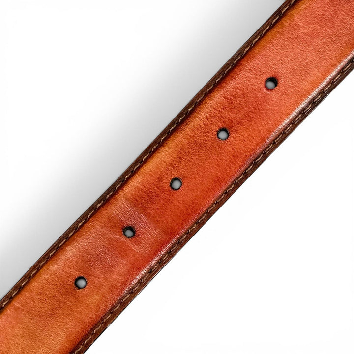 【ドンドン見直し】良品▲BERLUTI ベルルッティ パティーヌレザー ピンバックル ベルト ブラウン シルバー金具 85 34 イタリア製 メンズ