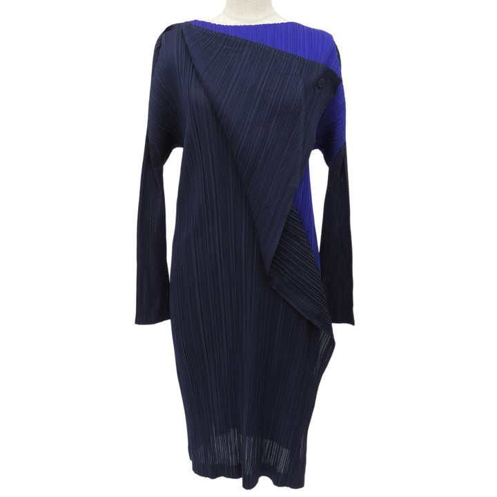美品▲PLEATS PLEASE プリーツプリーズ イッセイミヤケ PP93-JH773 ワンピース ネイビー ブルー 3 日本製 正規品 レディース