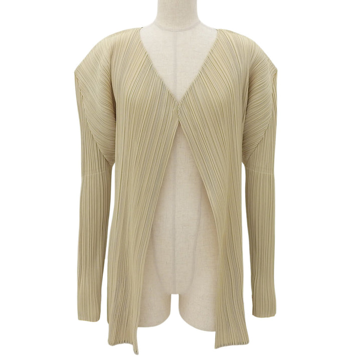 極美品▲PLEATS PLEASE プリーツプリーズ イッセイミヤケ PP05-JO001 フロントオープン カーディガン ライトベージュ 3 日本製 正規品
