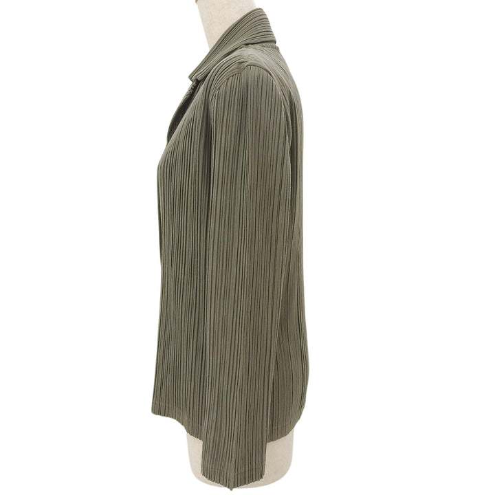 美品▲PLEATS PLEASE プリーツプリーズ イッセイミヤケ PP51-JD471 コットン混 ブラウス オリーブグリーン 3 日本製 正規品 レディース