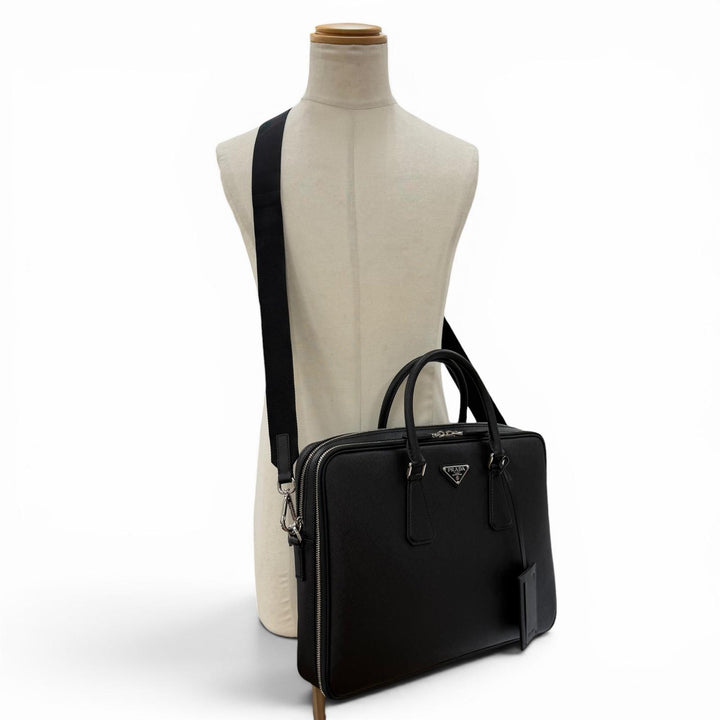 極美品▼PRADA プラダ 2VE022 サフィアーノレザー トライアングルロゴ 三角プレート 2WAY ブリーフケース ビジネスバッグ 定価715000円