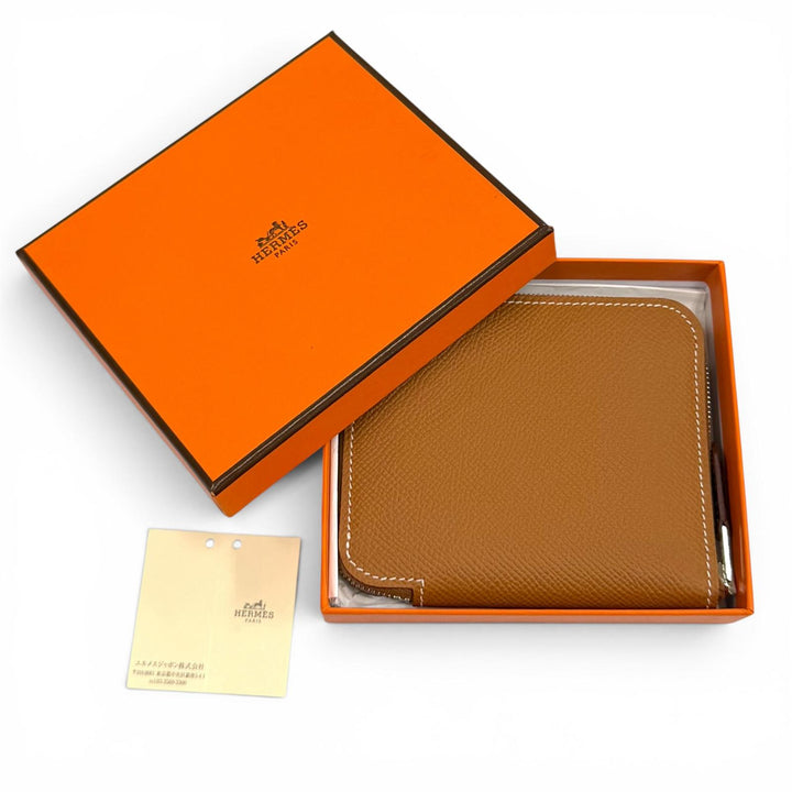 未使用品★HERMES エルメス アザップ コンパクト シルクイン ゴールド ヴォーエプソン ラウンドファスナー コインケース 財布 K刻印 箱付