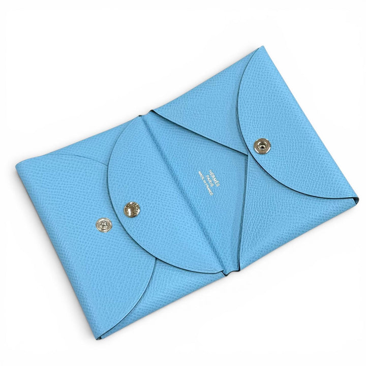 極美品★HERMES エルメス カルヴィ デュオ セレステ ヴォーエプソン セリエ金具 コンパクトウォレット コンパクト財布 B刻印 箱付