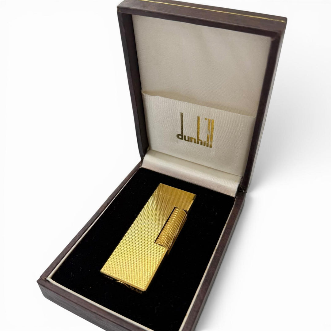 極美品□Dunhill ダンヒル 総柄 スクエア型 ローラー式 喫煙具 ガスライター ゴールド スイス製 メンズ ケース付き 着火確認済み