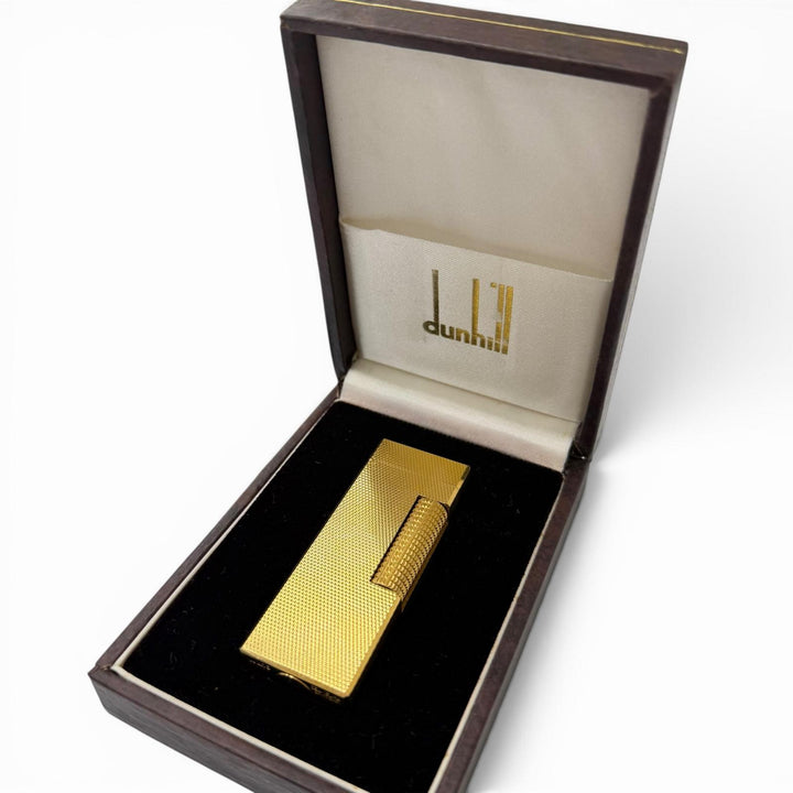 極美品□Dunhill ダンヒル 総柄 スクエア型 ローラー式 喫煙具 ガスライター ゴールド スイス製 メンズ ケース付き 着火確認済み