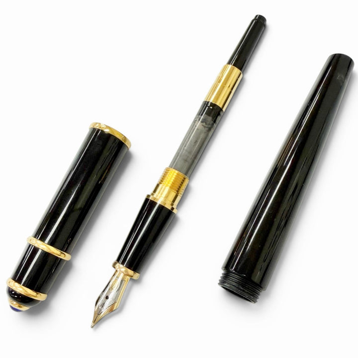 美品□Cartier カルティエ ペン先18K ブルージェムストーン ディアボロドゥ カルティエ キャップ式 万年筆 ブラック ゴールド フランス製