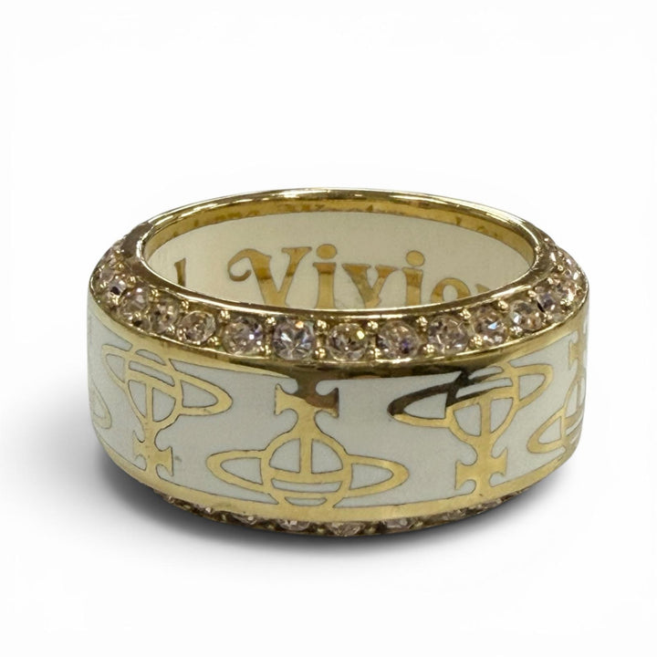 美品▼Vivienne Westwood ヴィヴィアンウエストウッド ラインストーン オーブ リング 指輪 ホワイト ゴールド JP19号 ユニセックス 箱付