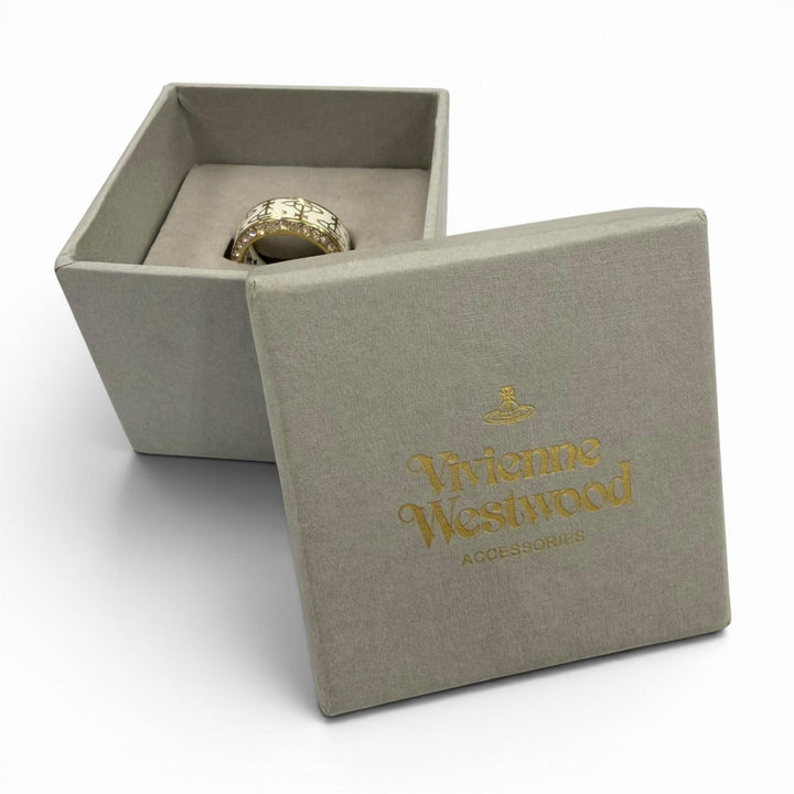 美品▼Vivienne Westwood ヴィヴィアンウエストウッド ラインストーン オーブ リング 指輪 ホワイト ゴールド JP19号 ユニセックス 箱付