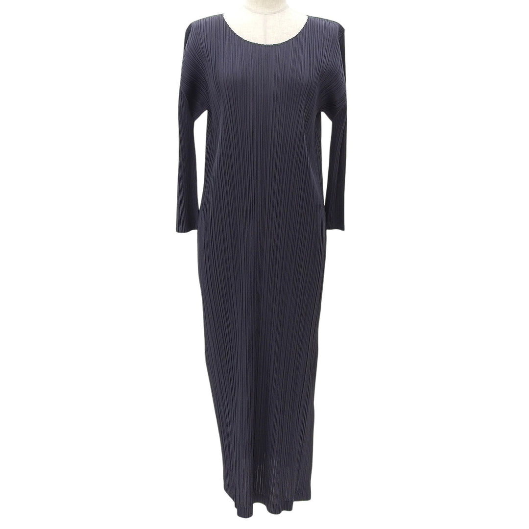 極美品▲PLEATS PLEASE プリーツプリーズ イッセイミヤケ PP01-JH187 ミモレ丈 プリーツワンピース ネイビー 3 日本製 正規品 レディース