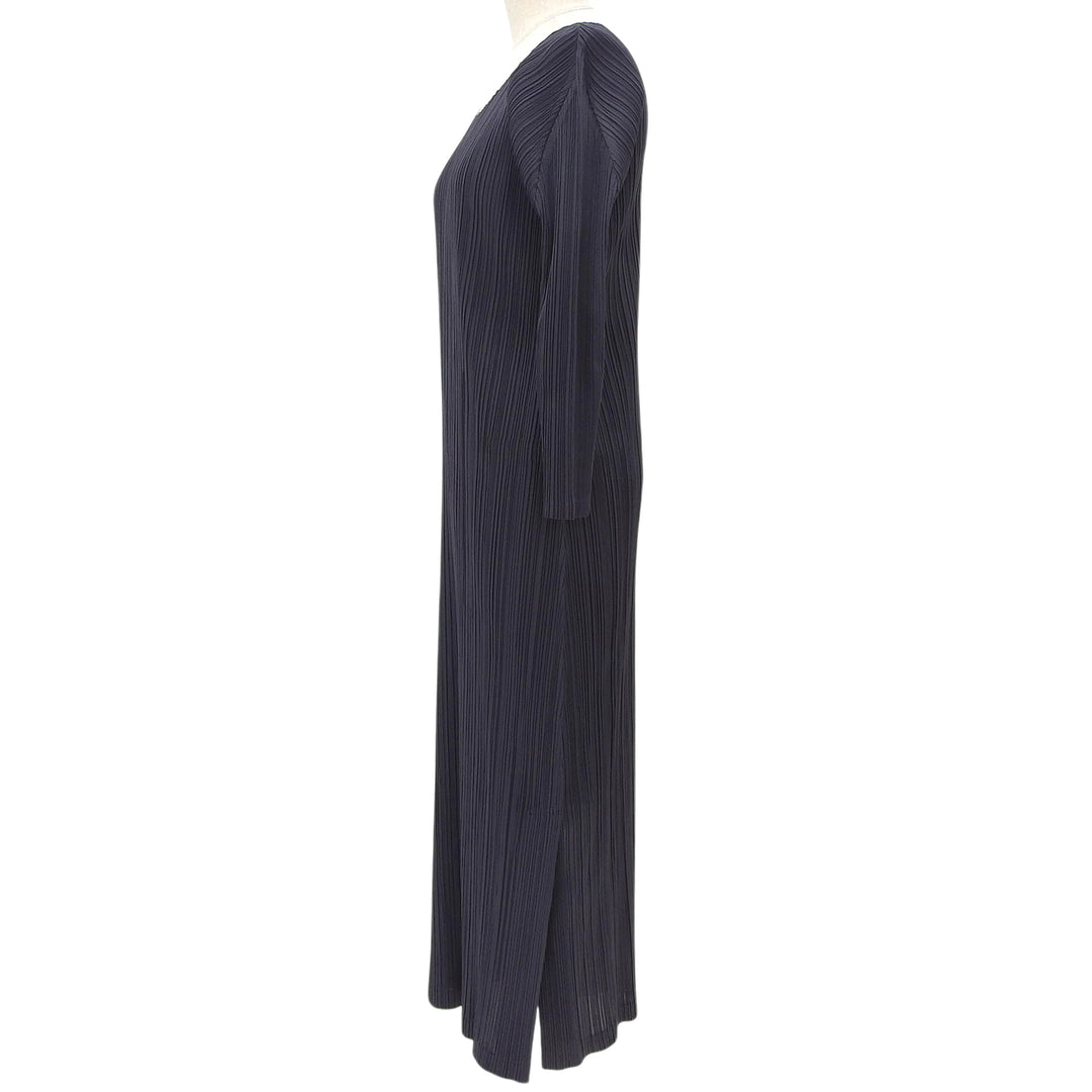 極美品▲PLEATS PLEASE プリーツプリーズ イッセイミヤケ PP01-JH187 ミモレ丈 プリーツワンピース ネイビー 3 日本製 正規品 レディース