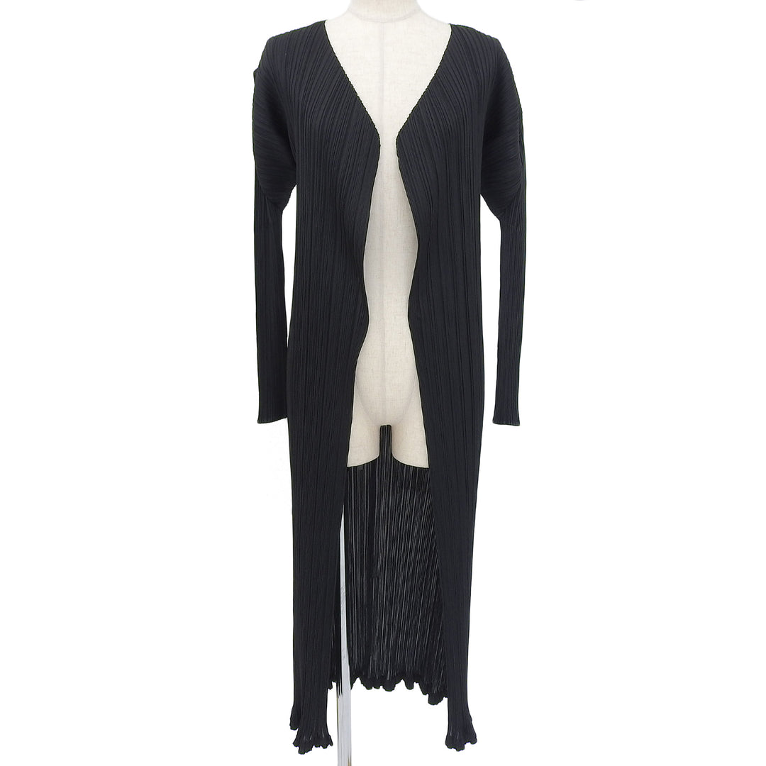 美品▲PLEATS PLEASE プリーツプリーズ イッセイミヤケ PP05-JA001 オープンフロント ロングカーディガン 黒 2 日本製 正規品 レディース