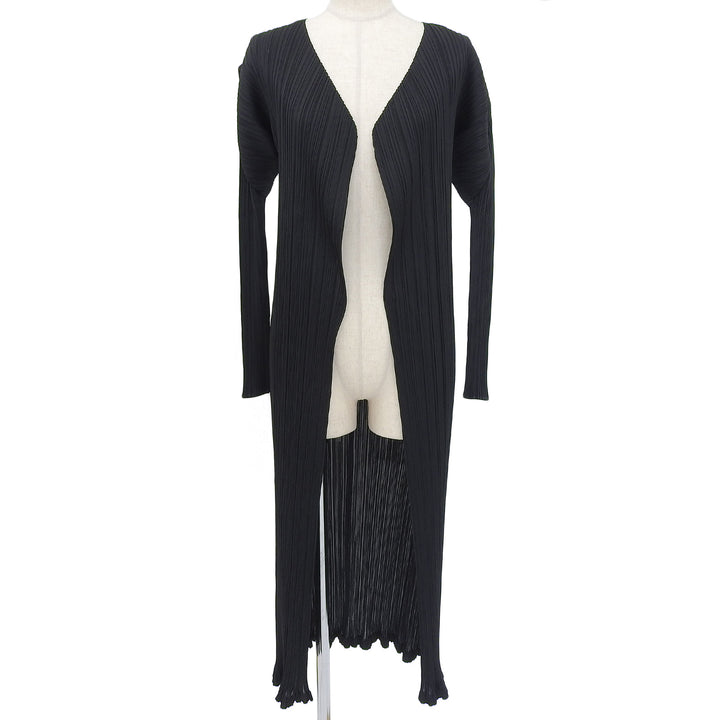 美品▲PLEATS PLEASE プリーツプリーズ イッセイミヤケ PP05-JA001 オープンフロント ロングカーディガン 黒 2 日本製 正規品 レディース