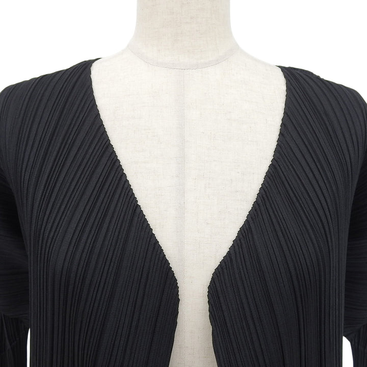 美品▲PLEATS PLEASE プリーツプリーズ イッセイミヤケ PP05-JA001 オープンフロント ロングカーディガン 黒 2 日本製 正規品 レディース