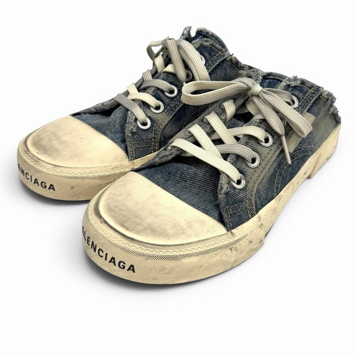 極美品★BALENCIAGA バレンシアガ 693952 デストロイドコットンデニム ヴィンテージ加工 ミュール スニーカー インディゴ 37 箱付き
