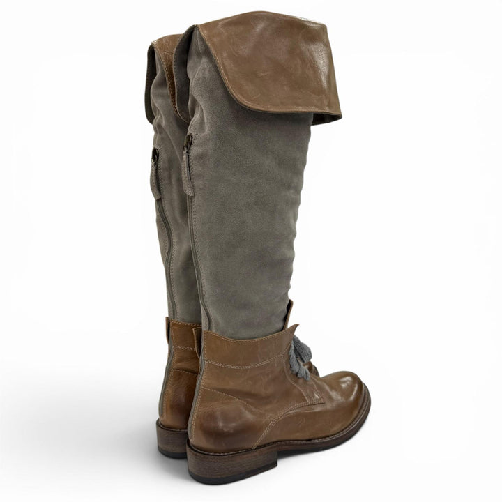 極美品☆Brunello Cucinelli ブルネロクチネリ レザー スウェードレザー 切り替え ロングブーツ ブラウン グレー 38 伊製 レディース
