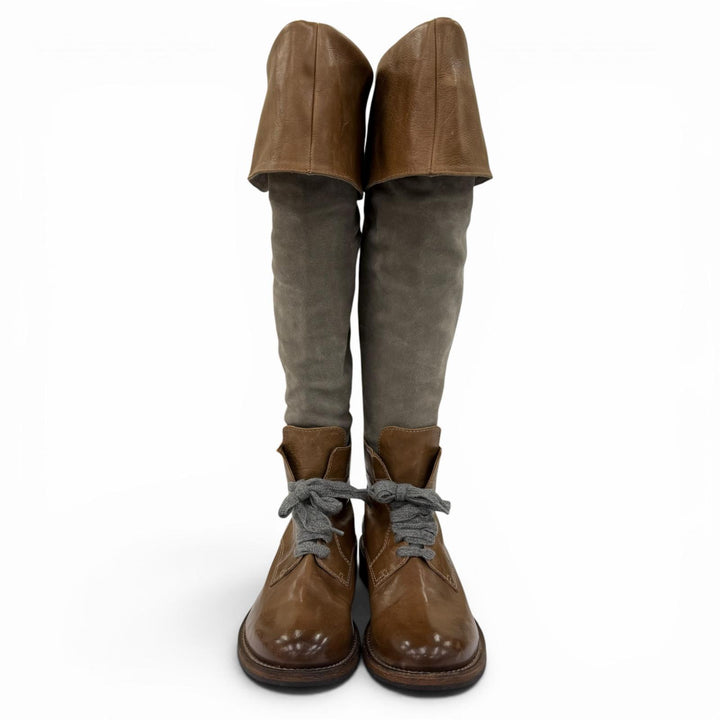 極美品☆Brunello Cucinelli ブルネロクチネリ レザー スウェードレザー 切り替え ロングブーツ ブラウン グレー 38 伊製 レディース