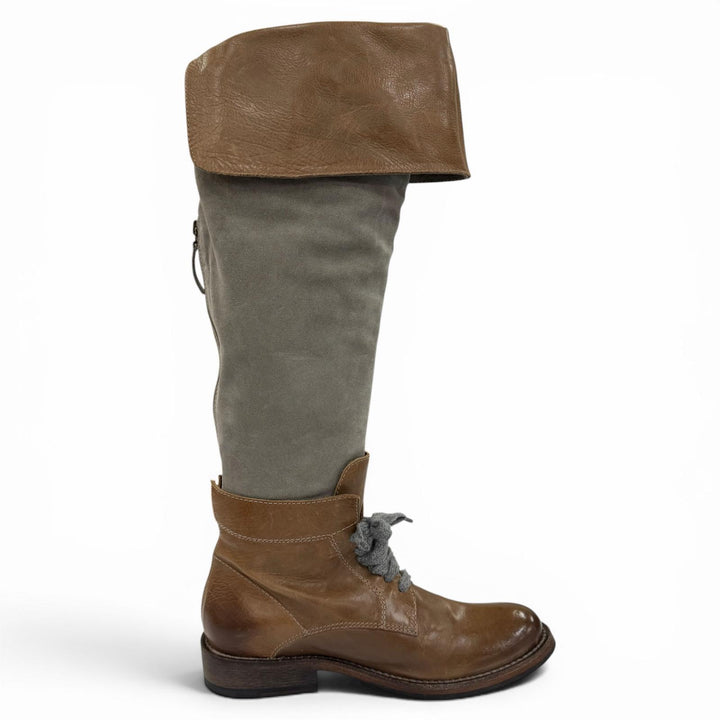 極美品☆Brunello Cucinelli ブルネロクチネリ レザー スウェードレザー 切り替え ロングブーツ ブラウン グレー 38 伊製 レディース