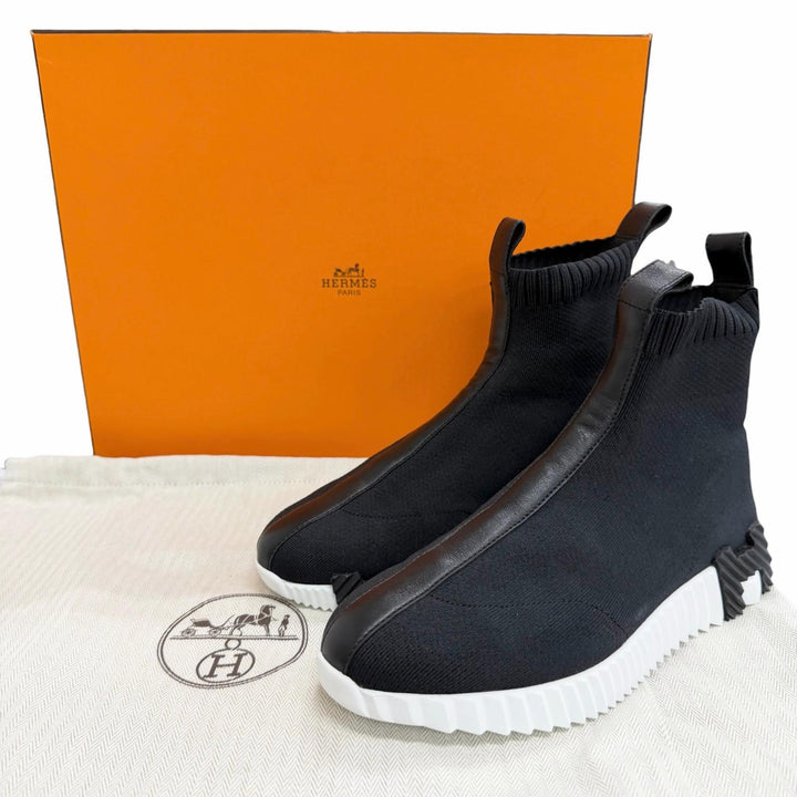 良品△HERMES エルメス ファン Hロゴソール レザー ファブリック ニット ソックス スニーカー ブラック 37 イタリア製 箱・保存袋付き