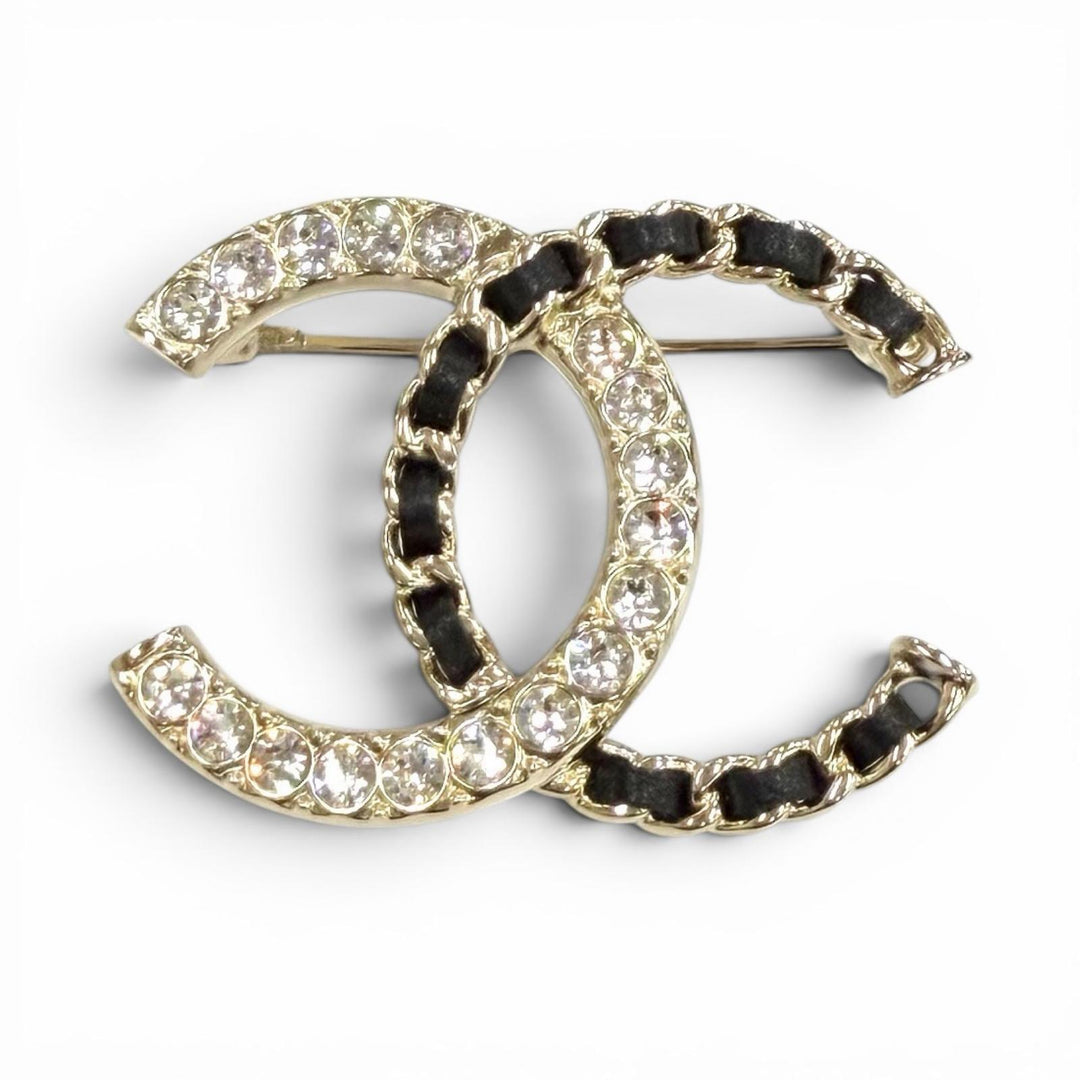 極美品★CHANEL シャネル A25B ココマーク ラインストーン レザー チェーン ブローチ ゴールド ブラック フランス製 箱・保存袋付き