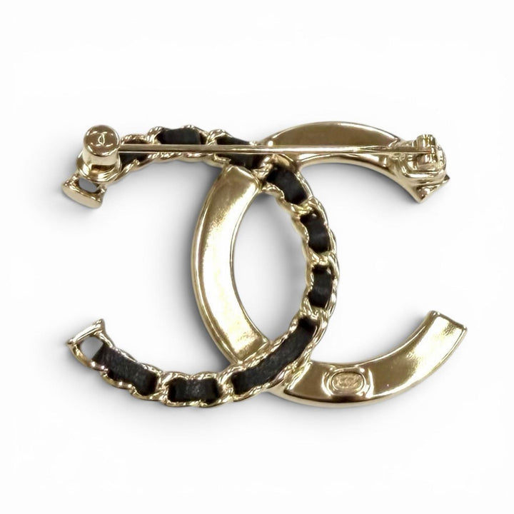 極美品★CHANEL シャネル A25B ココマーク ラインストーン レザー チェーン ブローチ ゴールド ブラック フランス製 箱・保存袋付き