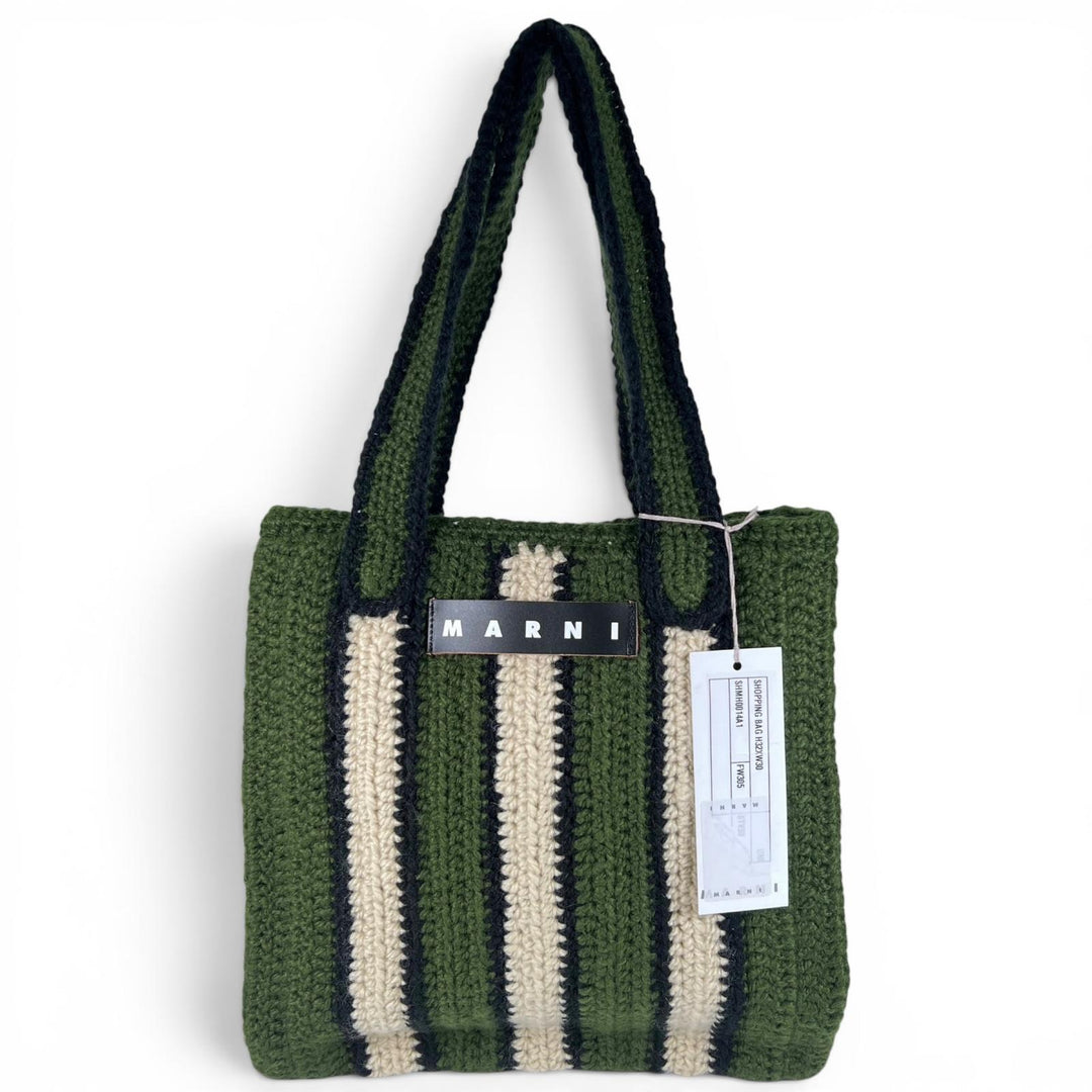 未使用品▲MARNI マルニ SHMH0014A1 FIQUE CROCHET BAG フィケ クロシェ ストライプトート バッグ ディープグリーン レディース
