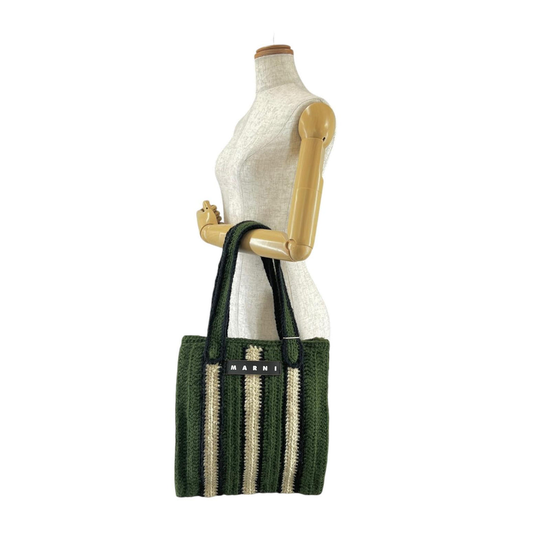 未使用品▲MARNI マルニ SHMH0014A1 FIQUE CROCHET BAG フィケ クロシェ ストライプトート バッグ ディープグリーン レディース