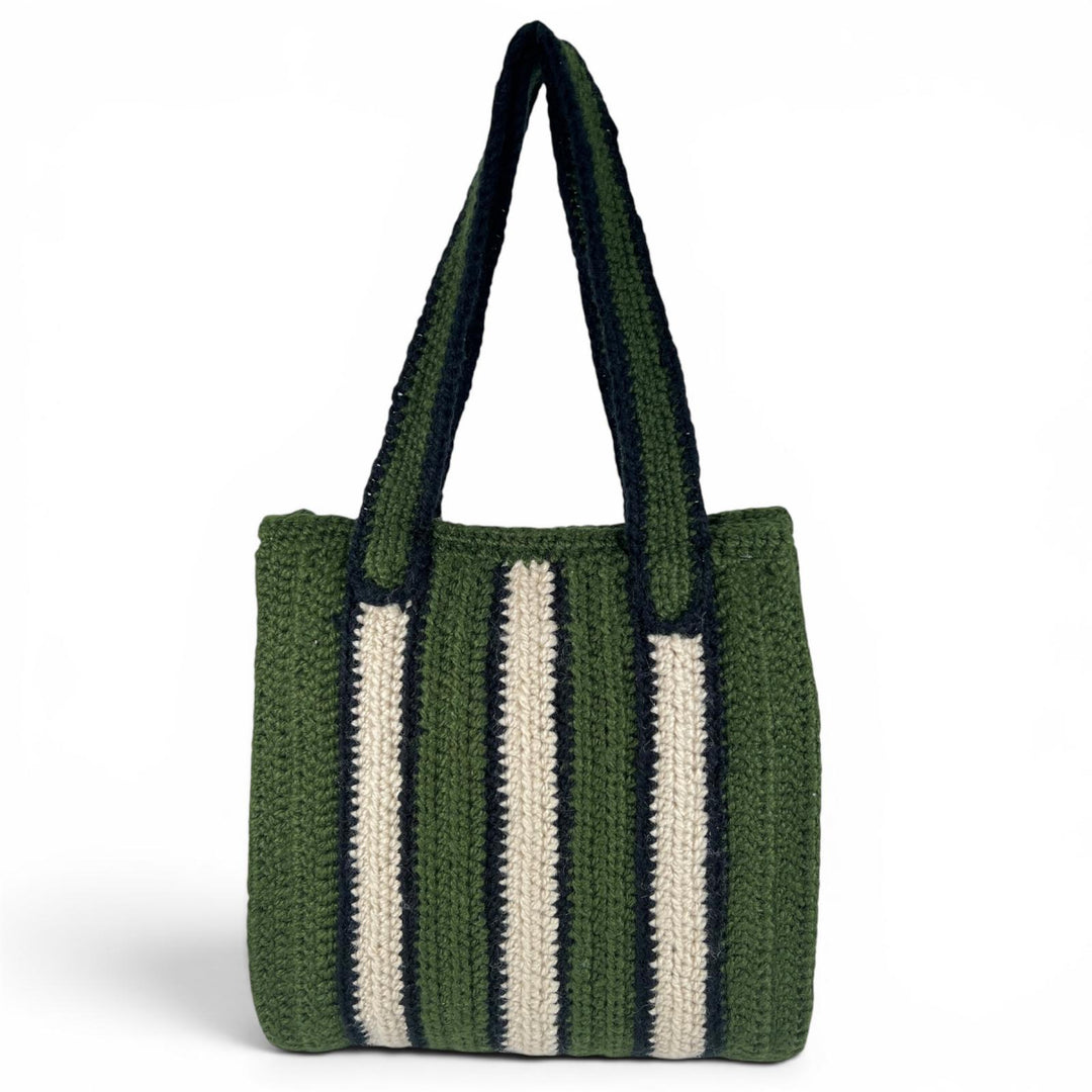未使用品▲MARNI マルニ SHMH0014A1 FIQUE CROCHET BAG フィケ クロシェ ストライプトート バッグ ディープグリーン レディース