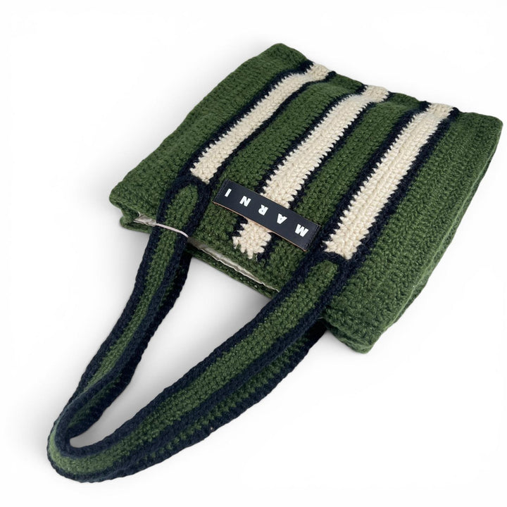未使用品▲MARNI マルニ SHMH0014A1 FIQUE CROCHET BAG フィケ クロシェ ストライプトート バッグ ディープグリーン レディース