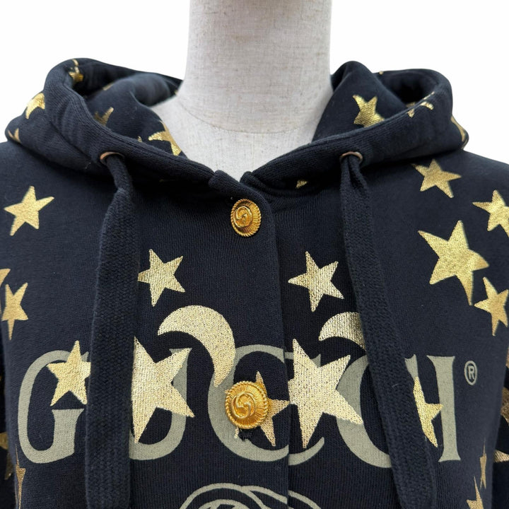 美品☆GUCCI グッチ 581186 コットン ヴィンテージ加工 GGボタンシェリーライン・スター ロゴ フード付 パーカー ブラック M 正規品