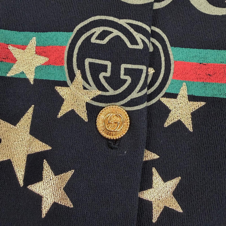 美品☆GUCCI グッチ 581186 コットン ヴィンテージ加工 GGボタンシェリーライン・スター ロゴ フード付 パーカー ブラック M 正規品