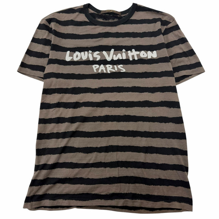 極美品□LOUIS VUITTON ルイヴィトン ボーダー ロゴプリント クルーネック 半袖Ｔシャツ グレージュ ブラック XS イタリア製 正規品