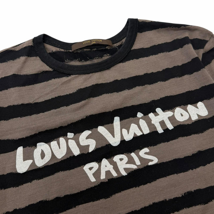 極美品□LOUIS VUITTON ルイヴィトン ボーダー ロゴプリント クルーネック 半袖Ｔシャツ グレージュ ブラック XS イタリア製 正規品