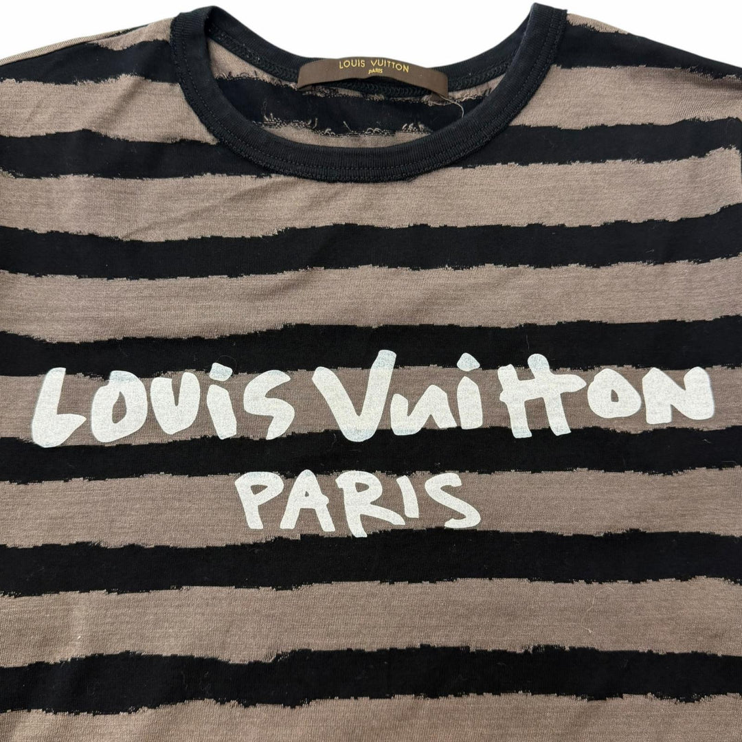 極美品□LOUIS VUITTON ルイヴィトン ボーダー ロゴプリント クルーネック 半袖Ｔシャツ グレージュ ブラック XS イタリア製 正規品