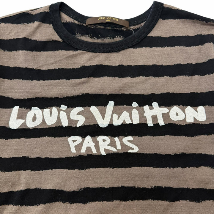 極美品□LOUIS VUITTON ルイヴィトン ボーダー ロゴプリント クルーネック 半袖Ｔシャツ グレージュ ブラック XS イタリア製 正規品