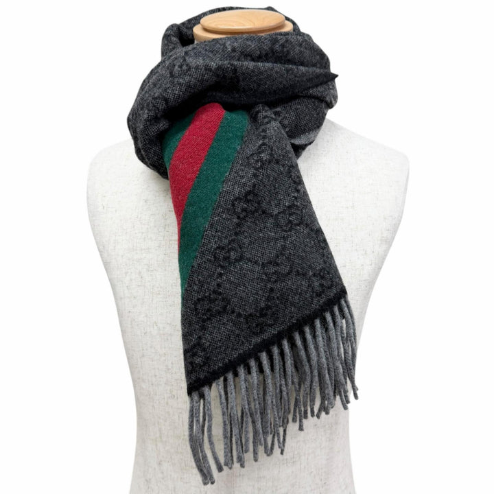 美品□GUCCI グッチ 570603 ウール GGロゴ総柄 ウェブストライプ フリンジマフラー ショール グレー 37×190cm イタリア製 正規品 メンズ
