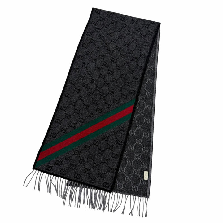 美品□GUCCI グッチ 570603 ウール GGロゴ総柄 ウェブストライプ フリンジマフラー ショール グレー 37×190cm イタリア製 正規品 メンズ