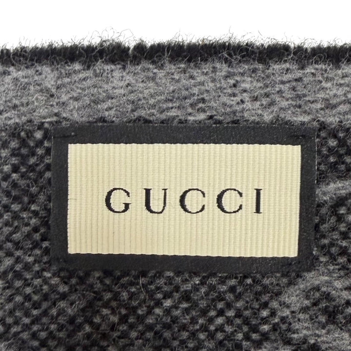 美品□GUCCI グッチ 570603 ウール GGロゴ総柄 ウェブストライプ フリンジマフラー ショール グレー 37×190cm イタリア製 正規品 メンズ