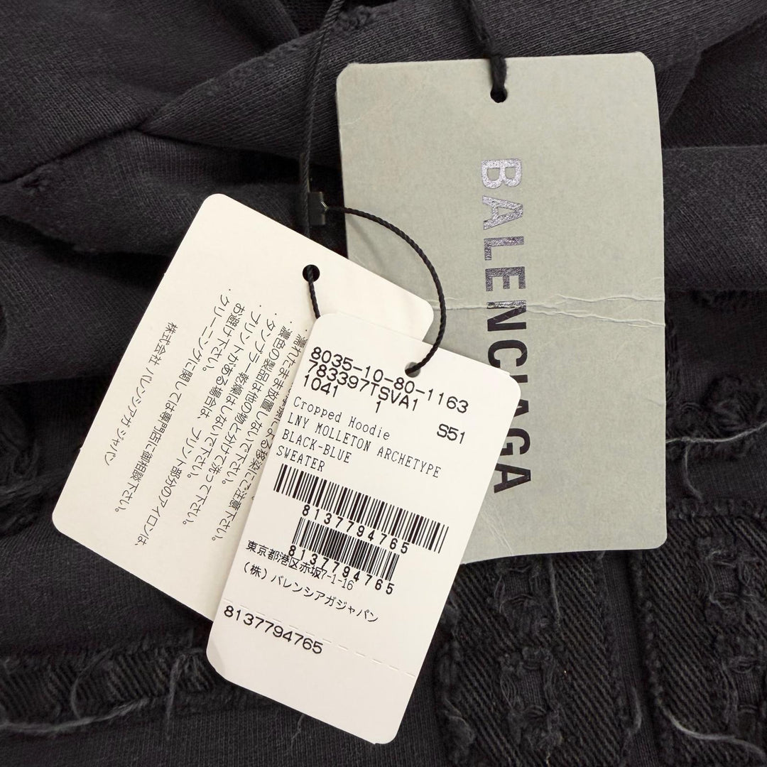 未使用品△BALENCIAGA バレンシアガ 783397 コットン100% ダメージ加工 クロップド フーディー プルオーバー パーカー ブラック 1 正規品