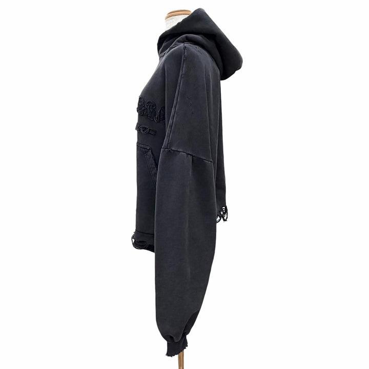 未使用品△BALENCIAGA バレンシアガ 783397 コットン100% ダメージ加工 クロップド フーディー プルオーバー パーカー ブラック 1 正規品