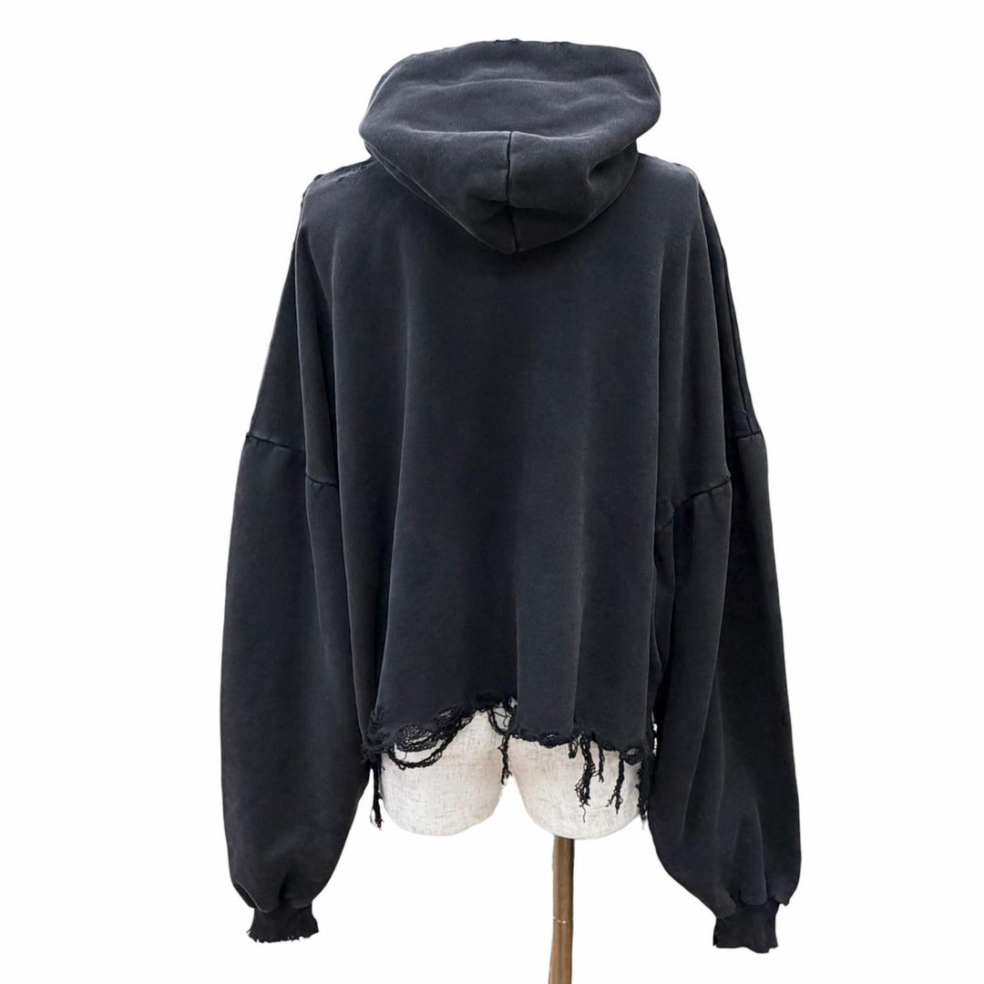 未使用品△BALENCIAGA バレンシアガ 783397 コットン100% ダメージ加工 クロップド フーディー プルオーバー パーカー ブラック 1 正規品