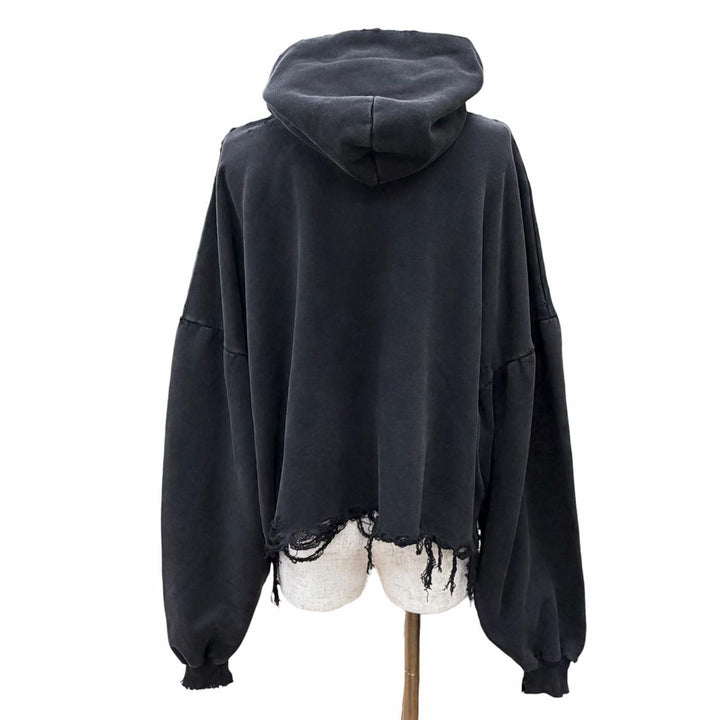 未使用品△BALENCIAGA バレンシアガ 783397 コットン100% ダメージ加工 クロップド フーディー プルオーバー パーカー ブラック 1 正規品