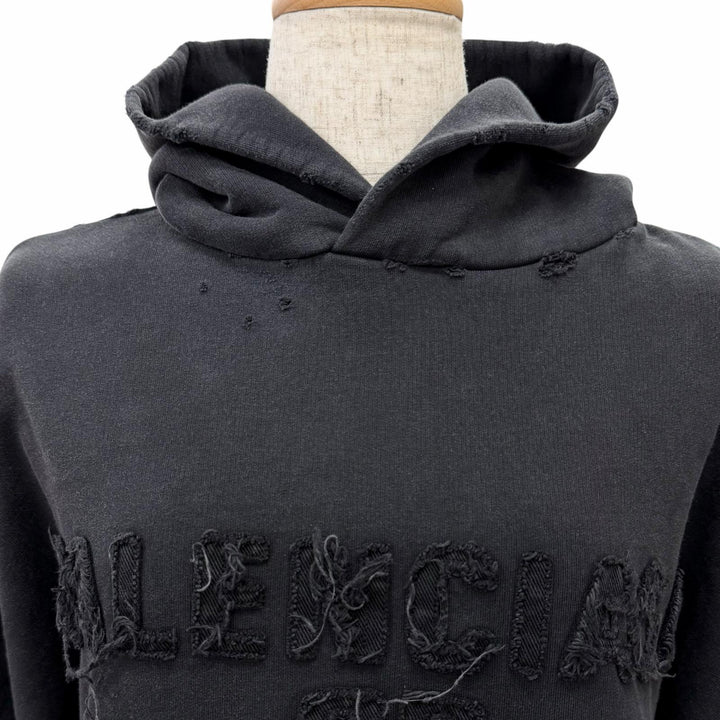 未使用品△BALENCIAGA バレンシアガ 783397 コットン100% ダメージ加工 クロップド フーディー プルオーバー パーカー ブラック 1 正規品