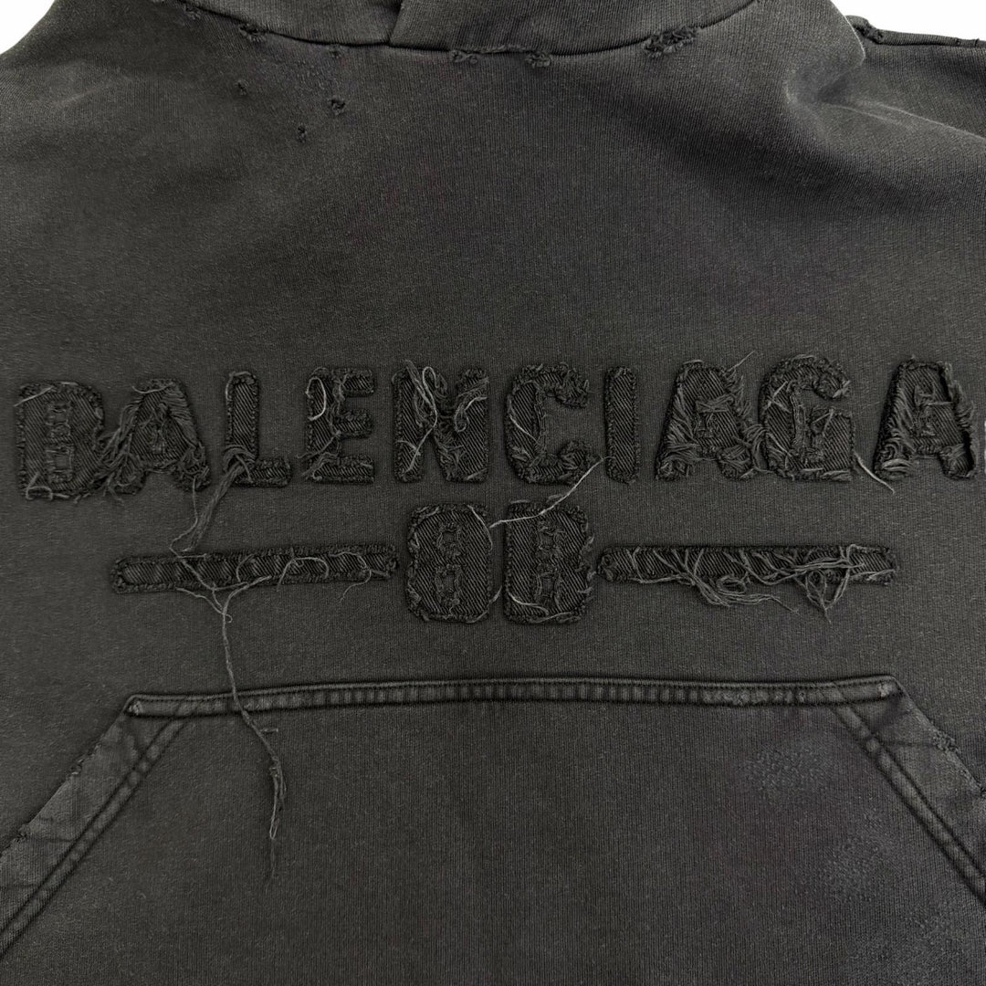未使用品△BALENCIAGA バレンシアガ 783397 コットン100% ダメージ加工 クロップド フーディー プルオーバー パーカー ブラック 1 正規品