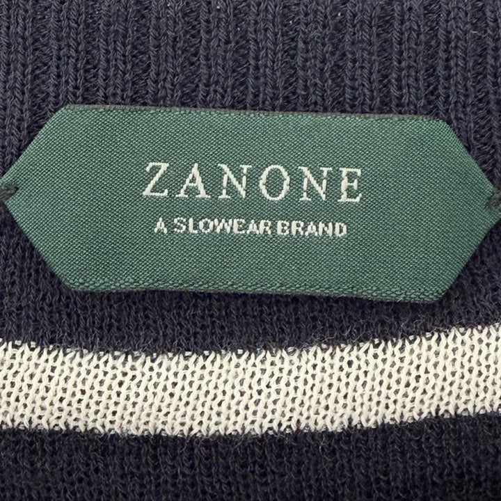 極美品▼ZANONE ザノーネ ウール コットン ボーダー柄 クルーネック サマーニット セーター ネイビー 50 イタリア製 メンズ
